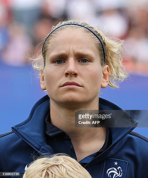 France's defender Laure Lepailleur poses for a group photo prior to the quarter-final match of the FIFA women's football World Cup England vs France...