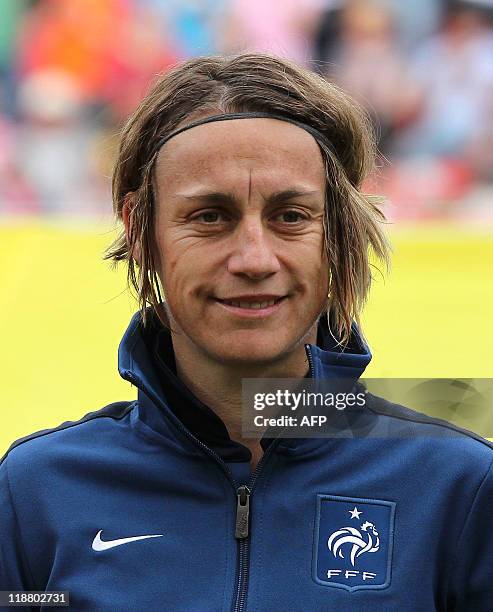 France's midfielder Sandrine Soubeyrand poses for a group photo prior to the quarter-final match of the FIFA women's football World Cup England vs...