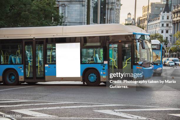 bus with blank billboard - bus poster fotografías e imágenes de stock