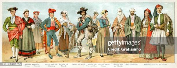 people in traditional clothing spain turkey italy 1897 - albanian stock illustrations