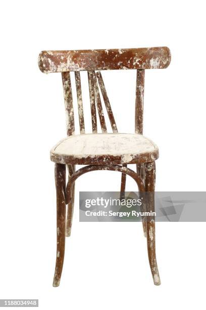 old dirty wood chair on a white background - vintage furniture stockfoto's en -beelden