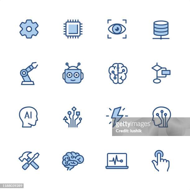 artificial intelligence - pixel perfect blue outline icons - robot and human hand stock illustrations