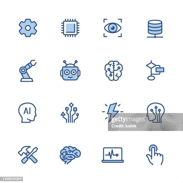 artificial intelligence - pixel perfect blue outline icons - robot hand isolated stock illustrations