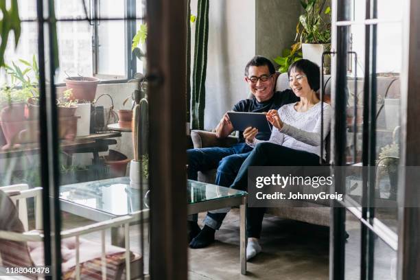 vrolijke chinese vrouw toont man digitale tablet in de serre - asian online stockfoto's en -beelden