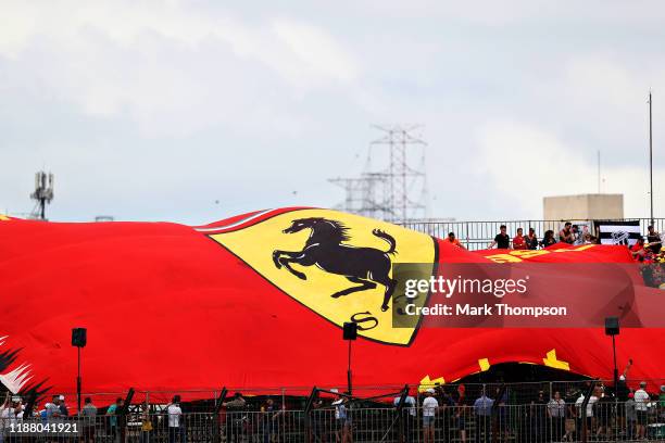 Ferrari fans show their support during final practice for the F1 Grand Prix of Brazil at Autodromo Jose Carlos Pace on November 16, 2019 in Sao...