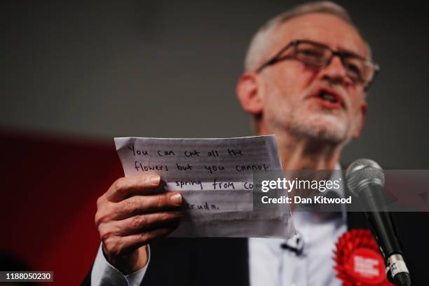 Labour leader Jeremy Corbyn delivers a speech including a quote from Chilean poet Pablo Neruda to supporters during his address in Hoxton on December...