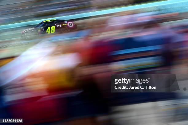 Jimmie Johnson, driver of the Ally Chevrolet, practices for the Monster Energy NASCAR Cup Series Ford EcoBoost 400 at Homestead-Miami Speedway on...