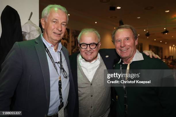 Rainer Bonhof, Fritz Keller, DFB president and Berti Vogts attend the Club Of Former National Players Meeting at Borussia Park Stadium on November...