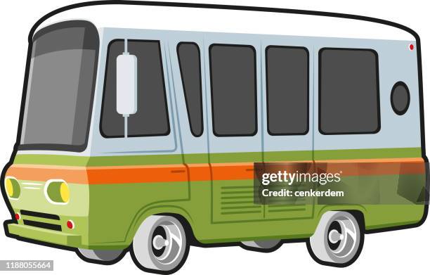 vintage minibus - shipping container side stock illustrations
