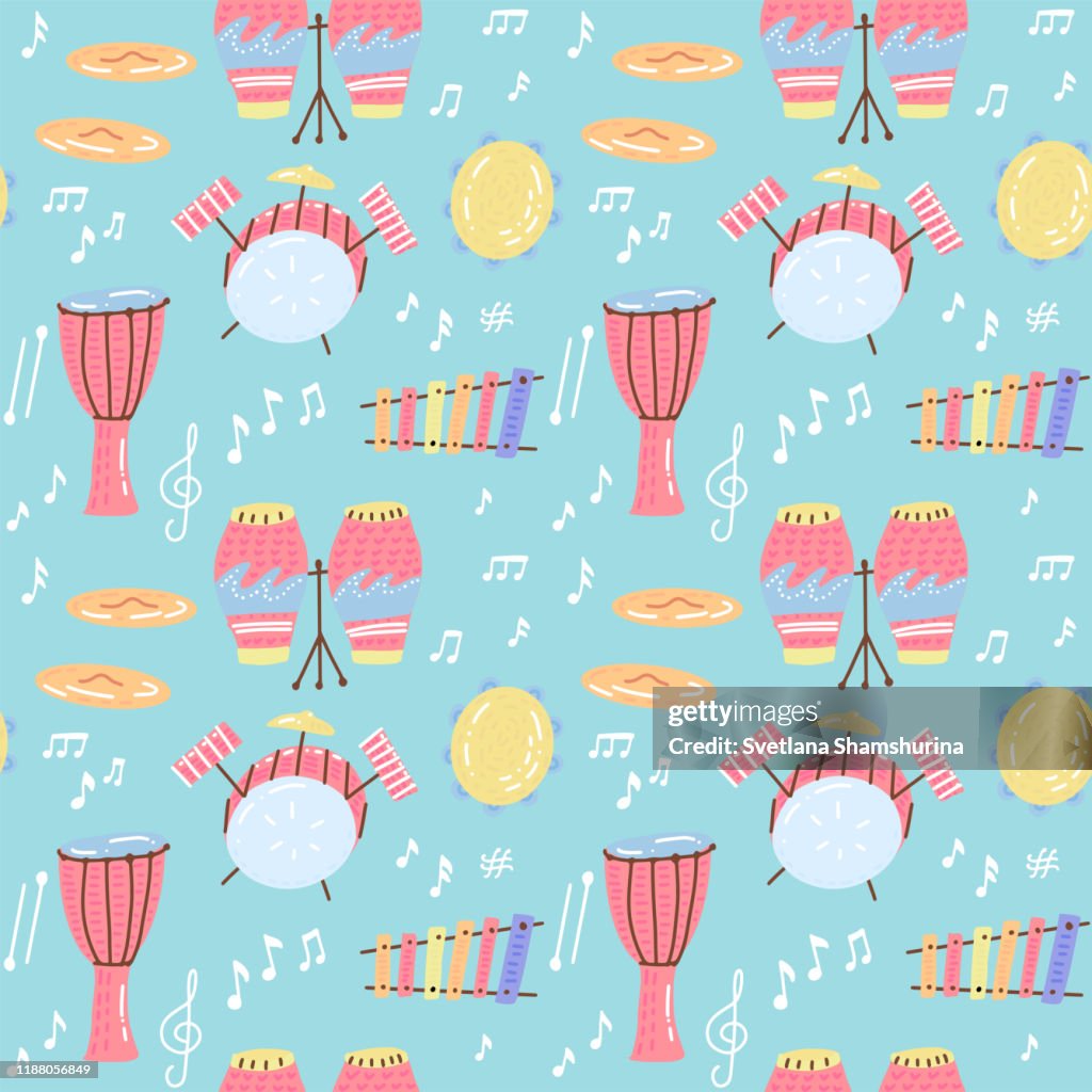 Hand Drawn Musical Seamless Pattern Of Drum Set Different Musical ...