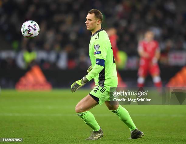 Manuel Neuer of Germany chases the ball during the UEFA Euro 2020 Group C Qualifier match between Germany and Belarus on November 16, 2019 in...