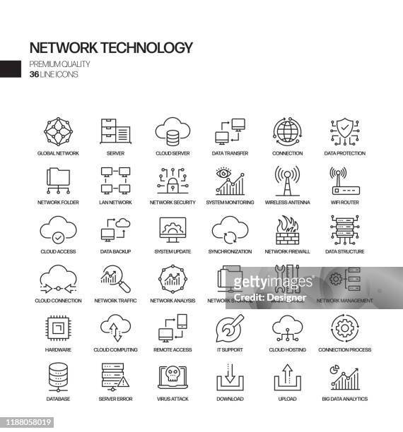 illustrazioni stock, clip art, cartoni animati e icone di tendenza di set semplice di icone di linee vettoriali correlate alla tecnologia di rete. insieme outline symbol. - network