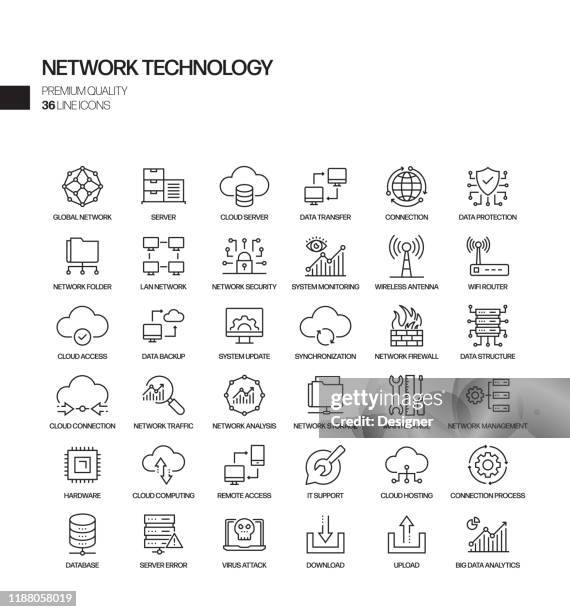 simple set of network technology related vector line icons. outline symbol collection. - network switches data center stock illustrations