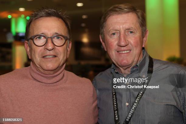 Norbert Meier and Gerd Zewe attend the Club Of Former National Players Meeting at Borussia Park Stadium on November 16, 2019 in Moenchengladbach,...