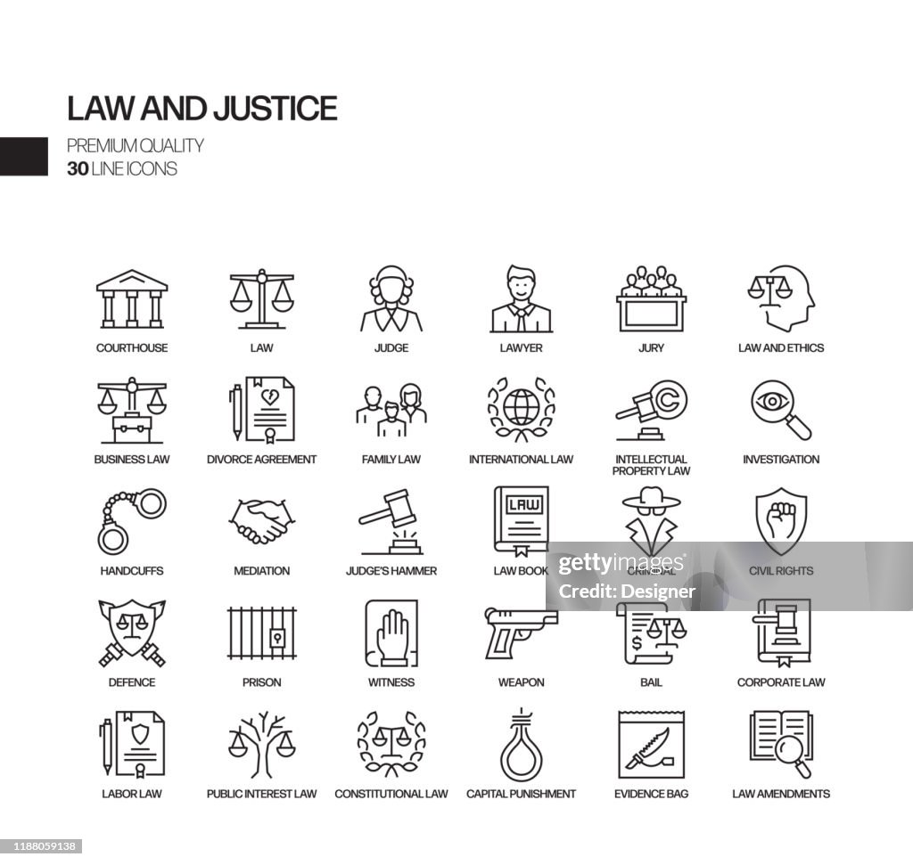 Einfache Satz von Recht und Gerechtigkeit im Zusammenhang Mit Vektor Linie Icons. Gliederungssymbolsammlung.