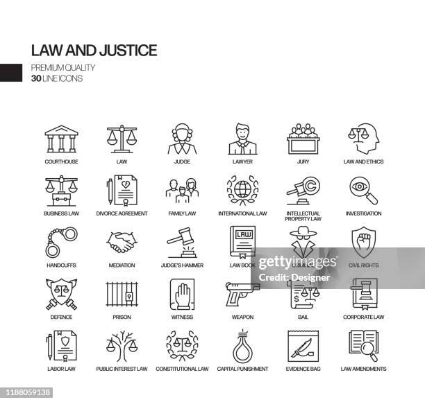 ilustraciones, imágenes clip art, dibujos animados e iconos de stock de conjunto simple de iconos de línea vectorial relacionadas con la ley y la justicia. colección de símbolos de esquema. - judgement