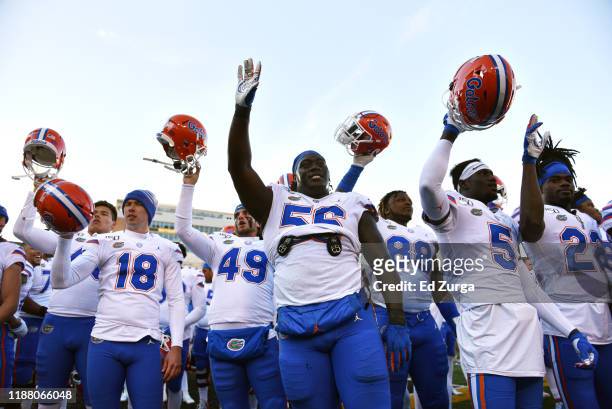 Members of the Florida Gators celebrate a 23-6 win over the Missouri Tigers in the fourth quarter at Faurot Field/Memorial Stadium on November 16,...