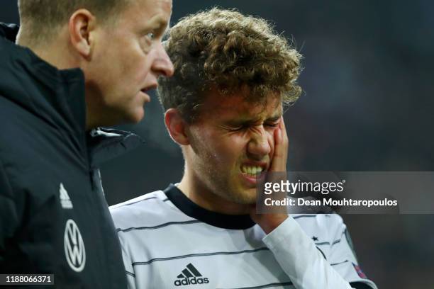 Luca Waldschmidt of Germany reacts after a collision during the UEFA Euro 2020 Group C Qualifier match between Germany and Belarus on November 16,...