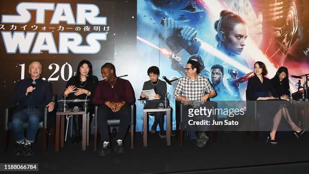 Anthony Daniels, John Boyega, Director J.J. Abrams and Daisy Ridley attend the press conference for the Japan premiere of 'Star Wars: The Rise of...