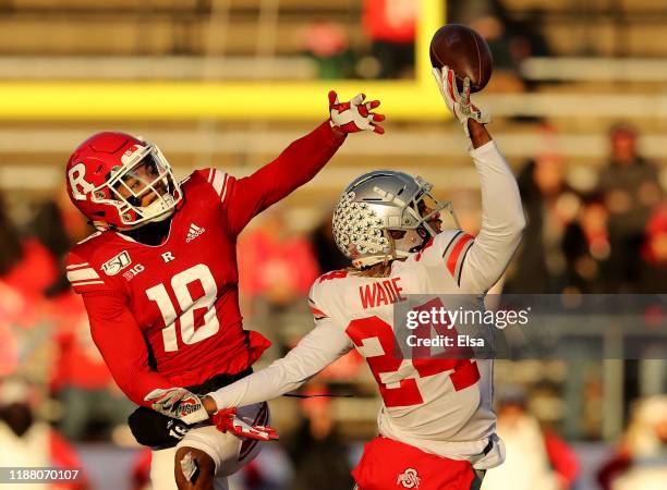 Shaun Wade of the Ohio State Buckeyes intercepts a pass intended for Bo Melton of the Rutgers Scarlet Knights in the first quarter at SHI Stadium on...