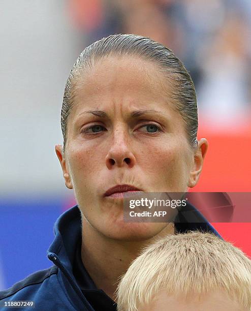 France's defender Sabrina Viguier poses for a group photo prior to the quarter-final match of the FIFA women's football World Cup England vs France...