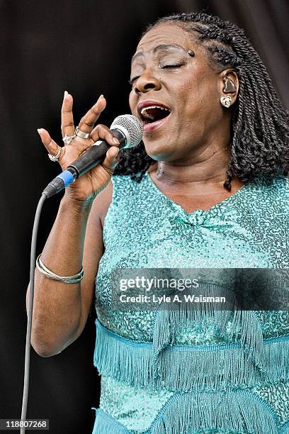 Sharon Jones of Sharon Jones and the Dap-Kings performs during the Dave Matthews Band Caravan at Lakeside on July 10, 2011 in Chicago, Illinois.