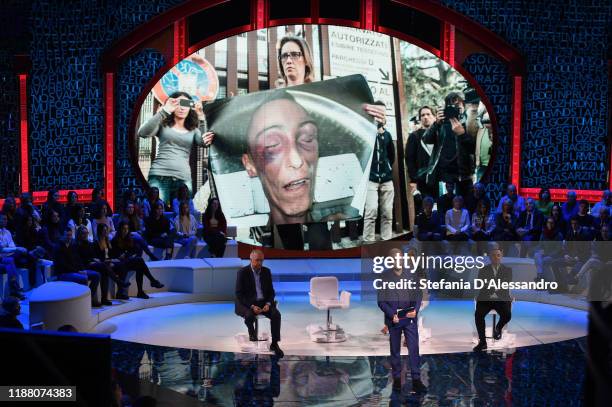 Walter Veltroni, Massimo Gramellini, Matilde Gioli and Franco Di Mare attend "Le Parole Della Settimana" tv show on November 16, 2019 in Milan, Italy.