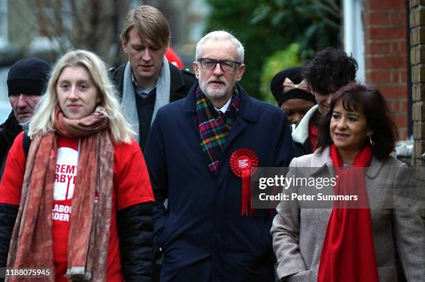 Labour leader Jeremy Corbyn and his wife Laura Alvarez outside the polling station at Pakeman Primary School, Holloway on December 12, 2019 in...