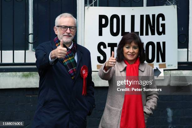 Labour leader Jeremy Corbyn and his wife Laura Alvarez pose outside the polling station at Pakeman Primary School, Holloway on December 12, 2019 in...