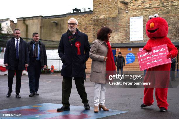 Labour leader Jeremy Corbyn and his wife Laura Alvarez outside the polling station at Pakeman Primary School, Holloway on December 12, 2019 in...