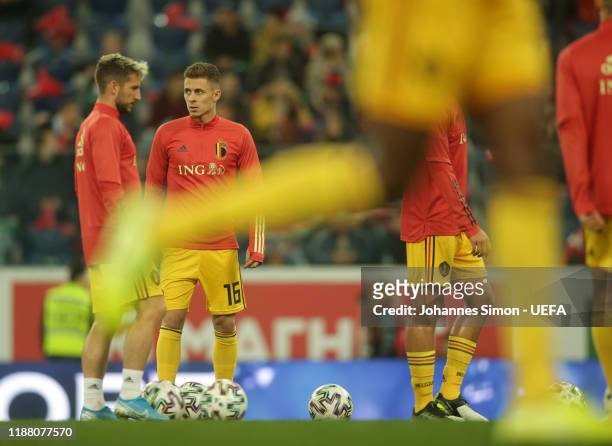The team of Belgium warms up prior to the UEFA Euro 2020 Qualifier between Russia and Belgium on November 16, 2019 in Saint Petersburg, Russia.