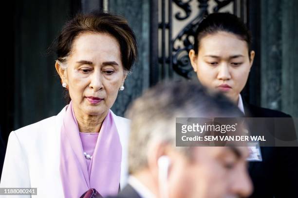 Myanmar's State Counsellor Aung San Suu Kyi leaves the Peace palace in The Hague, on December 12, 2019 on the the last day of a three-day hearing on...