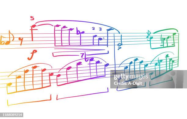 schriftliche melodie regenbogen - notenblatt stock-grafiken, -clipart, -cartoons und -symbole