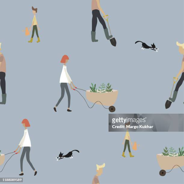 Seamless pattern with people gardening in spring or summer. Cute woman with wheelbarrow, man working with shovel, boy with watering can and cat on blue background. Flat cartoon vector illustration