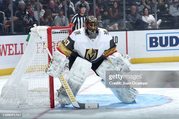 Malcolm Subban of the Vegas Golden Knights gets ready for the play during the first period against the Los Angeles Kings at STAPLES Center on...