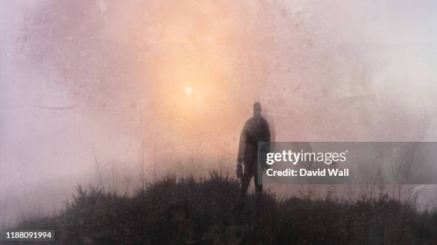 a mysterious figure wearing a long coat, with back to camera, standing in a field. looking at the sun. with an artistic, blurred, weathered, textured edit. - weathered filter stock pictures, royalty-free photos & images
