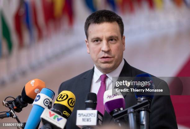 Estonian Prime Minister Juri Ratas talks to the media on the first of a two-day summit of European Union leaders on December 12, 2019 in Brussels,...