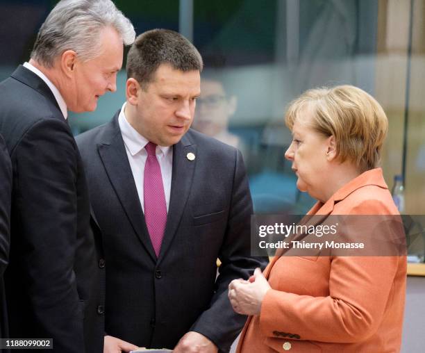 Lithuanian President Gitanas Nauseda is talking with the Estonian Prime Minister Juri Ratas and the German Chancellor Angela Merkel on the first of a...