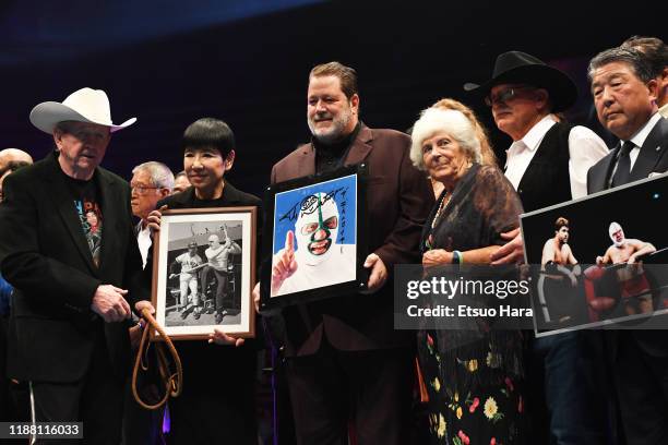 Dory Funk Jr.,Akiko Wada,Kurt Beyer,Wilma Beyer, Satan Hansen and Kazuo Tokumitsu pose for photographs during the Pro-Wrestling - The Destroyer...