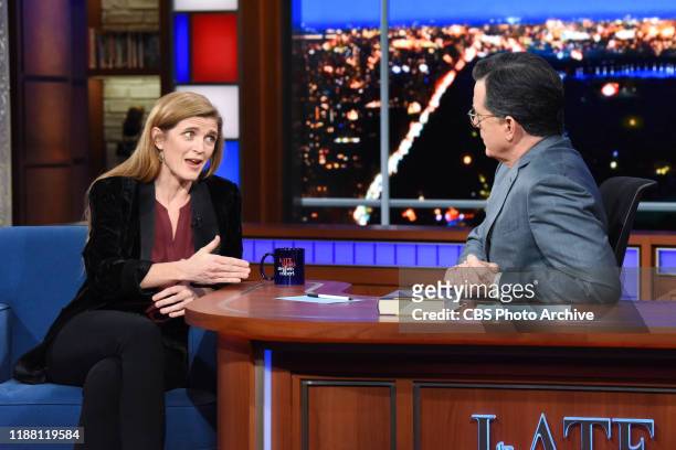 The Late Show with Stephen Colbert and guest Samantha Power during Wednesday's December 11, 2019 show.