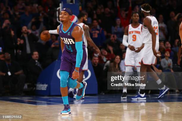 Devonte' Graham of the Charlotte Hornets celebrates after hitting a three point basket with 2 seconds left in the fourth quarter to win the game...