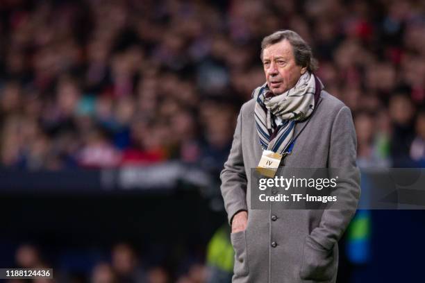 Head Coach Yuri Semin of Lokomotiv Moskva looks on during the UEFA Champions League group D match between Atletico Madrid and Lokomotiv Moskva at...