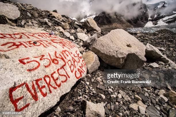 Everest Base Camp 5364 m, written on a big rock on Khumbu glacier.
