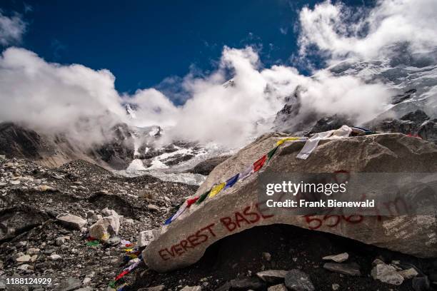 Everest Base Camp 5364 m, written on a big rock on Khumbu glacier, Mt. Everest behind covered by monsoon clouds.