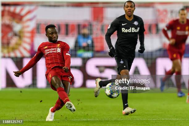 Naby Keita of FC Liverpool controls the ball during the UEFA Champions League group E match between RB Salzburg and Liverpool FC at Red Bull Arena on...