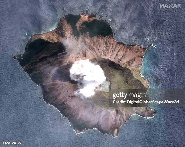 Maxar "after eruption" satellite imagery of the White Island Volcano. Please use: Satellite image 2019 Maxar Technologies.