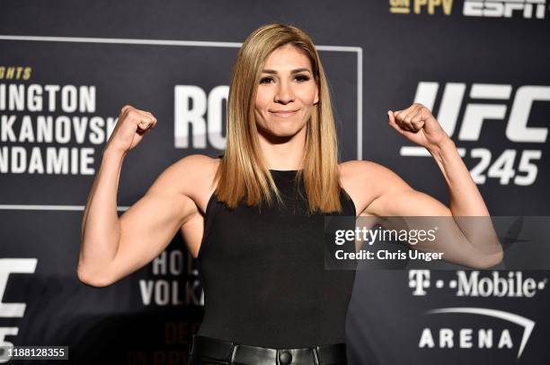 Irene Aldana of Mexico poses for the media during the UFC 245 Ultimate Media Day at the Red Rock Casino Resort on December 12, 2019 in Las Vegas,...