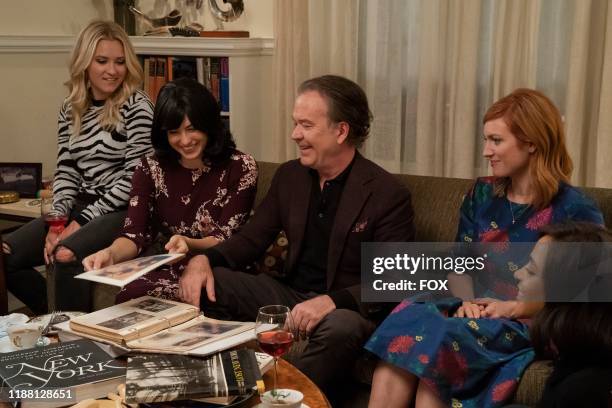 Emily Osment, guest star Tedra Millan, Timothy Hutton, Brittany Snow and Megalyn Echikunwoke in the Kosher AF episode of ALMOST FAMILY airing...