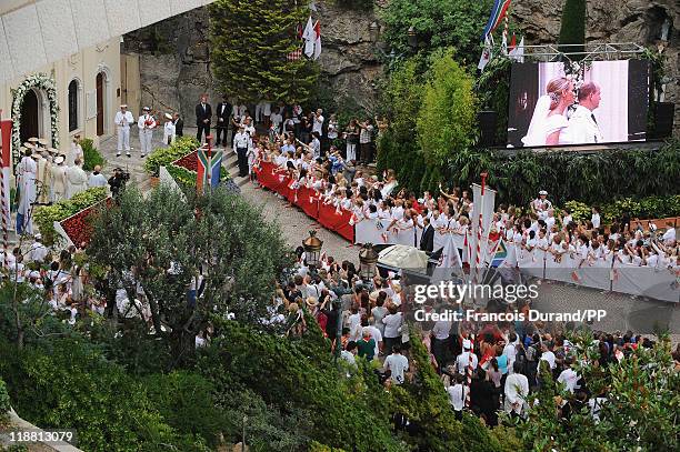 Prince Albert II of Monaco and Princess Charlene of Monaco make their journey to Sainte Devote church after their religious wedding ceremony at the...