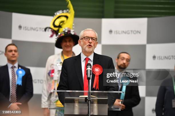 Jeremy Corbyn, leader of the Labour Party, visits the vote count in his Islington North constituency on December 12, 2019 in London, England. Corbyn,...